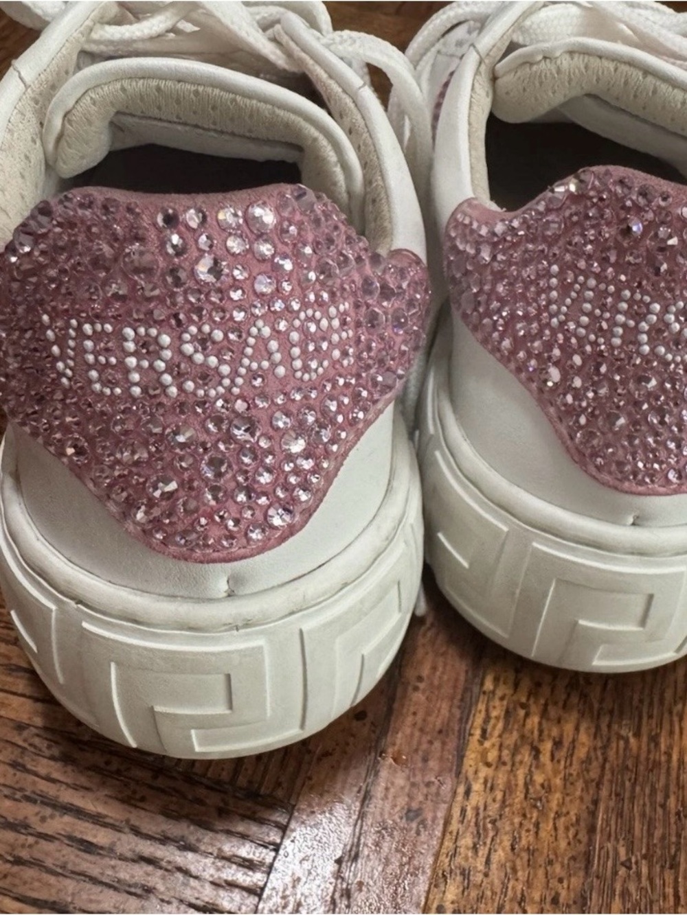 Versace White Sneakers with Pink Crystal Heel Detail
